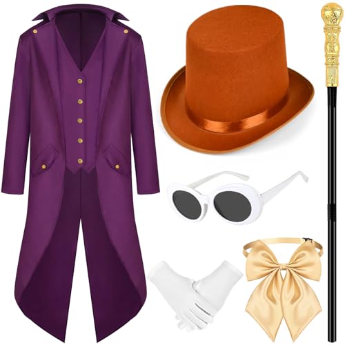 GANSHAYA 6-teiliges Halloween-Kostüm, inklusive Frack, Zylinder, Brille, Handschuhe, Fliege und Zepter für Herren, Damen, Film, Cosplay, Mehrfarbig, XL von GANSHAYA