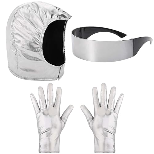 GANSHAYA Astronauten-Kostüm, silberfarben, mit Weltraumhelm, Handschuhen, Brille für Herren und Damen, Halloween, Rollenspiel, 5 Stück von GANSHAYA