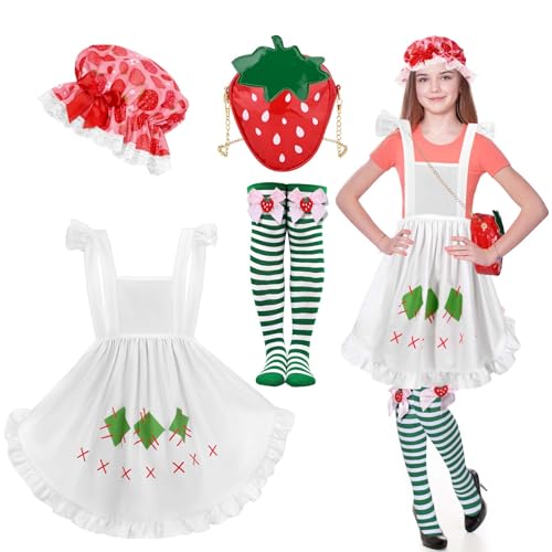 GANSHAYA Halloween-Erdbeer-Kuchen-Kostüm, Erdbeerhut, Motorhaube, Schürze, Oberschenkelhohe Socken, Tasche für Halloween, Party, Cosplay, Verkleidung, 4 Stück von GANSHAYA