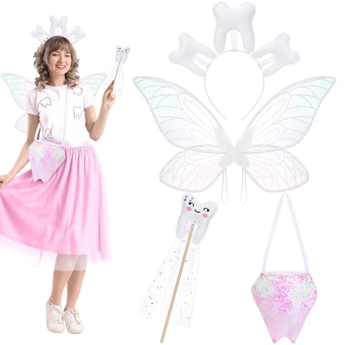 GANSHAYA Halloween-Kostüm-Set, Schmetterlingsflügel, funkelnde Tasche, Zauberstab, Zahn-Stirnband für Erwachsene, Damen, Halloween, Party, Cosplay, Kostüm, 4-teiliges Set GANSHAYA Halloween-Kostüm-Set, Schmetterlingsflügel, funkelnde Tasche, Zauberstab, Zahn-Stirnband für Erwachsene, Damen, Halloween, Party, Cosplay, Kostüm, 4-teiliges Set von GANSHAYA