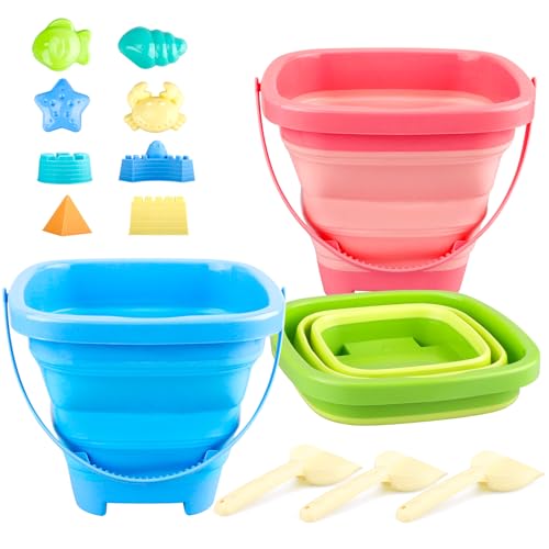 GAPER GO Faltbarer Eimer mit Schaufeln und Sandformen, zusammenklappbare Eimer für Kinder, Strandzubehör für lustige Sommeraktivitäten, 3 Packungen von GAPER GO