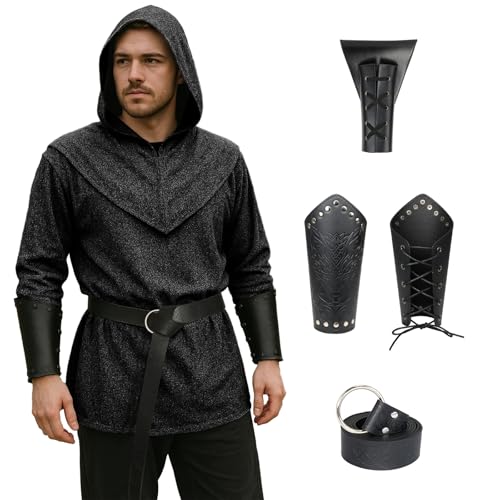 GARINOM Renaissance Kette Mail Armor Tunika Shirt Mittelalter Ritter Kostüm Set, Schwarz, XXL von GARINOM