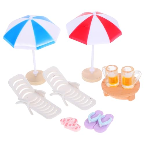 GARIOUANS 1 Satz Miniatur Set Stranddekoration Teiliges Zubehör für Puppenhäuser mit Sonnenschirm Tisch und Stühlen aus Strapazierfähigem Harz für Garten Desserts und Kreative Projekte von GARIOUANS