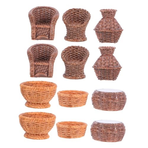 GARIOUANS 12 Stück Bambus -Wohndekorationen Miniatur Puppenhaus-Geschenkkorb Weiden Körbe Stoff Kleiner geflochtener Korb mit Henkel Gewebter Korb Doll House Sackleinen Haferkorb Harz von GARIOUANS