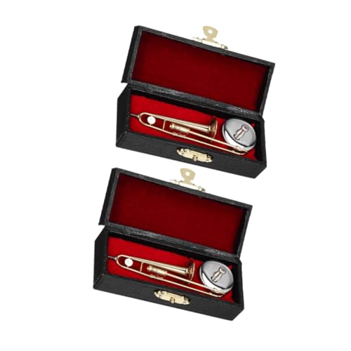 GARIOUANS 2 Sätze Miniatur Posaunen Modell Maßstab Musikinstrument mit Ständer und Schwarzem Etui Dekoratives Musik Accessoire für Puppenhaus Sammler und Musikliebhaber Geschenkset von GARIOUANS