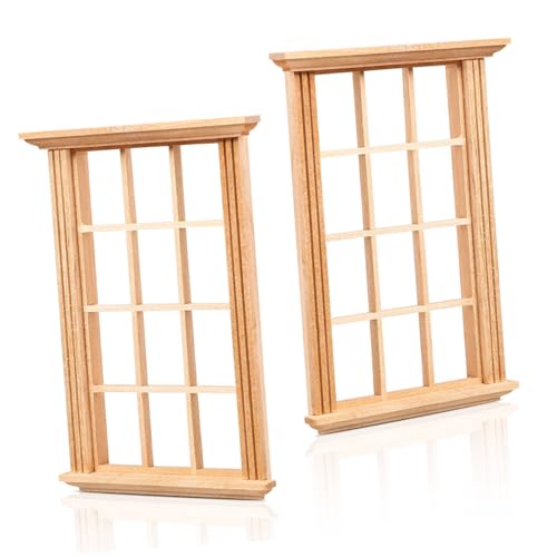 GARIOUANS 2 Stück Puppenhaus Fenster Teiliges aus Holz Miniaturmodell mit Geteiltem Rahmen Realistische Puppenhaus Dekoration DIY Zubehör für Kreative Bastelprojekte und Puppenmöbel von GARIOUANS