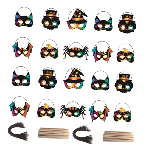 GARIOUANS 28 Stück Teiliges Halloween Kratzpapier Masken DIY Bastelset für Erwachsene Bunte Kratzmasken zum Selbstgestalten für Halloween Party Karneval und Kostümfeste von GARIOUANS