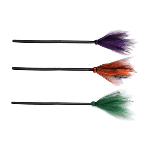 GARIOUANS 3 Stück Hexenbesenprops Halloween Hexenbesen Dekor Kostüm Hexenbesen Für Hexen-Cosplay-Accessoire Hexenbesenstiel Zauberer Fliegender Besen Gittergewebe von GARIOUANS