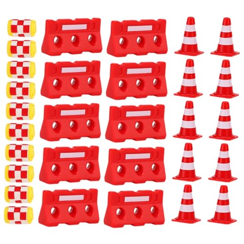 GARIOUANS 30 Stück Teiliges Mini Verkehrsschilder Spielset aus Robustem Kunststoff mit Roten Leitkegeln Roten Absperrungen und Gelben Schutzbehältern Pädagogisches Verkehrssicherheits für von GARIOUANS