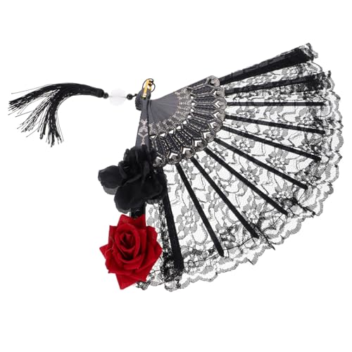 GARIOUANS Faltbarer Spitzen Handfächer Damen Schwarz mit Rosenanhänger Tragbarer Gothik Lolita Fächer für Hochzeit Halloween Viktorianische Tanzparty und Cosplay von GARIOUANS