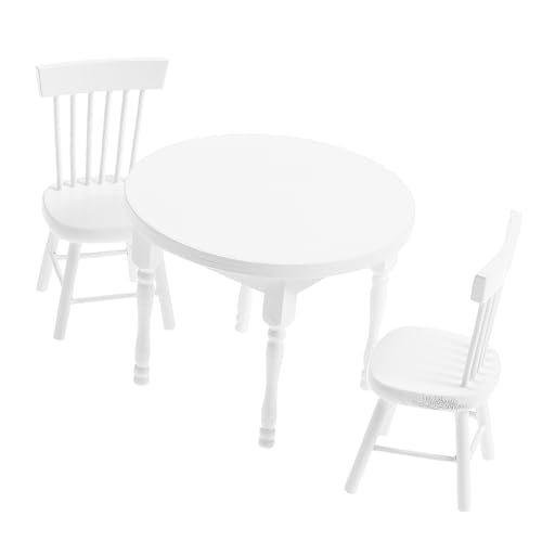 GARIOUANS Holz Weißes Puppenhaus Möbel Miniatur Rundtisch mit Stühlen Echt Holz Dollhouse Accessoires Detailgetreue Mini Esstisch Dekoration für Puppenhaus Einrichtung von GARIOUANS
