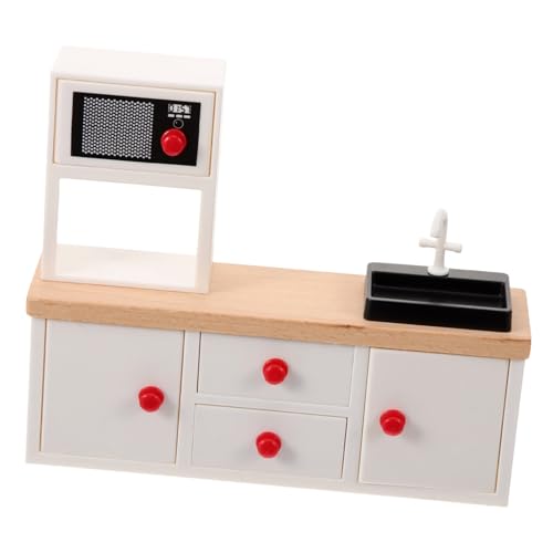 GARIOUANS Mini Küchenspüle mit Holzschrank Realistische Miniatur Küchenspüle Puppenhaus Dekoration Weißer Küchenunterschrank für Puppenhaus Zubehör von GARIOUANS