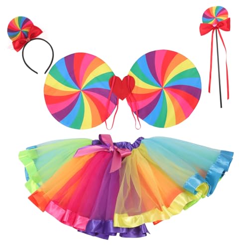 GARIOUANS Regenbogen Kostüm Teiliges mit Tüllrock Flügeln Stirnband und Zauberstab Buntes Cosplay Party Outfit für Mädchen Leicht Anzuziehen für Karneval und Mottoparty von GARIOUANS