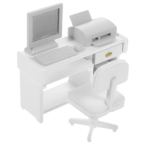 GARIOUANS Weißes Puppenhaus Schreibtisch Modell mit Computer Tastatur Drucker Langlebiges Miniatur Büro für Puppenhaus Dekoration von GARIOUANS
