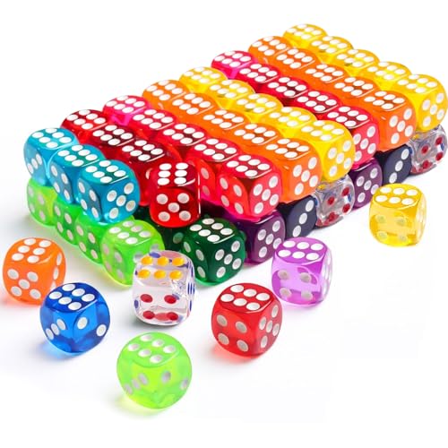 GAROMIA 100 Stück Bunte Würfel Set, Sechsseitiger Transparent Farben Würfel 12mm Spielwürfel für Tischkartenspiele Standardwürfel Bunt Würfelspiele Tischspiele für Dice Würfel, Standardwürfel von GAROMIA