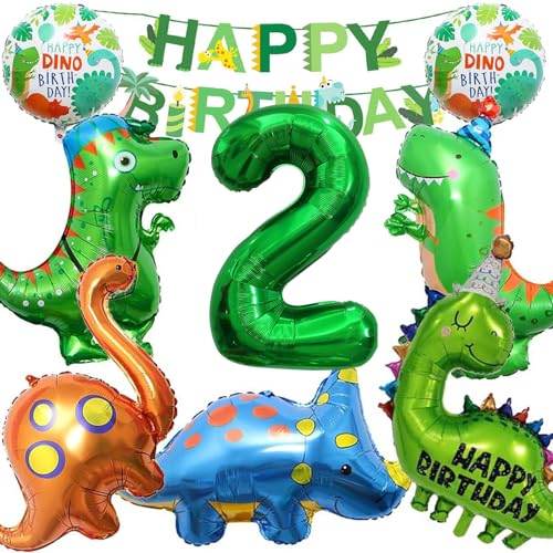 GAROMIA 2 Jahre Dino Geburtstag Dinosaurier Ballon Deko Kindergeburtstag XXL Folien Dinosaurier Luftballons mit Happy Birthday Girlande 2 Folienballon für Junge Mädchen Geburtstag Party von GAROMIA