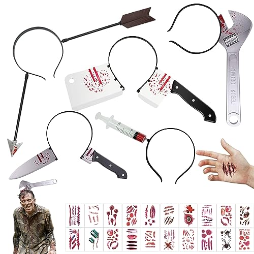 GAROMIA 5 Halloween Haarreifen Blutig Mit 20 Scars Tattoo Horror Kostüm Accessoire Set Für GruselkostüM Zombie Party von GAROMIA