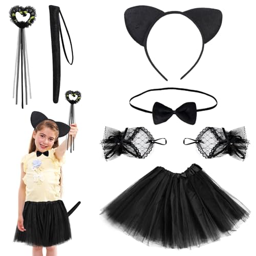 GAROMIA 7 Stück Katze Kostüm Mädchen Katzenkostüm Kinder Haarreif Katzenschwanz Kostüm Tüllrock Schwarz Handschuhe Fliege Tierkostüm Set Karneval Kostüm Kinder Mädchen Party Cosplay von GAROMIA