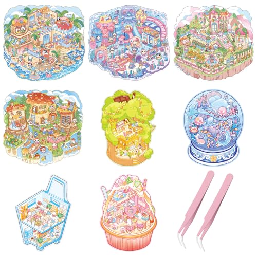 GAROMIA Aufkleber 8 Sets DIY 3D Sticker House 3D Stickers Scene mit 2 Pinzette DIY Miniatur Haus von Bäckerei Vergnügungspark für Erwachsene und Kinder von GAROMIA