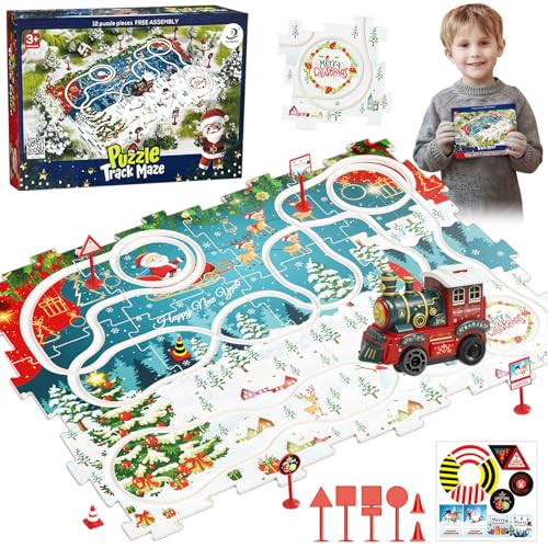 GAROMIA Auto weihnachtszug Spielzeug Autorennbahn DIY-Puzzlebahn für Kinderspielzeug Junge autorennbahnen 3 4 Jahre Puzzle-Schienen mit Zug von GAROMIA