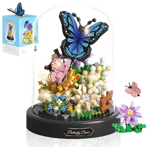 GAROMIA Blumen Bausteine Set Schmetterlings Blumenstrauß Baustein Mini bausteine Blumen Insekten Klemmbausteine Bausteine mit Staubdichte Kuppel Und Sockel Geschenke für Kinder Erwachsene von GAROMIA