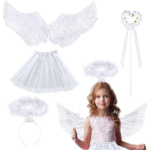 GAROMIA Engel Flügel, Weiß Engelsflügel Kostüm mit Federflügel Engel Halo Stirnband Zauberstab Flügel Kinder Engel Kostüm Damen für Halloween Kostüme Cosplay Party von GAROMIA