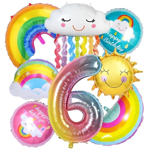 GAROMIA Geburtstag Mädchen 6 Jahre 8 Stück Regenbogen Geburtstagsdeko Folienballon Wolken Regenbogen Luftballons Folie Ballon Sonne Kindergeburtstag Deko für Mädchen Geburtstag Party von GAROMIA