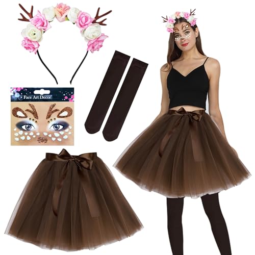 GAROMIA Rentier Kostüm kinder reh kostüm kinder madchen Karneval Kostüm Leuchtende Rentier Kostüm Damen Rentier Tüllrock Tutu Rock Kostüm Zubehör Damen Tierkostüm für Fasching Karneval von GAROMIA