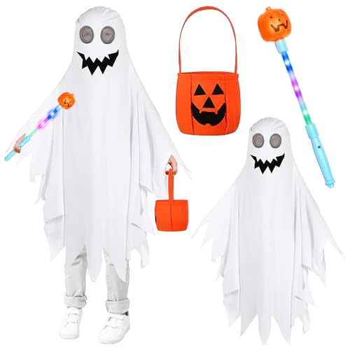 GAROMIA Halloween Kostüm Kinder Gespenst Kostüm Kinder Jungen Halloween Geister Kostüm Weiß mit Kürbishandtasche Stöcke für Jungen Mädchen Kleinkind 3 4 5 Jahre von GAROMIA