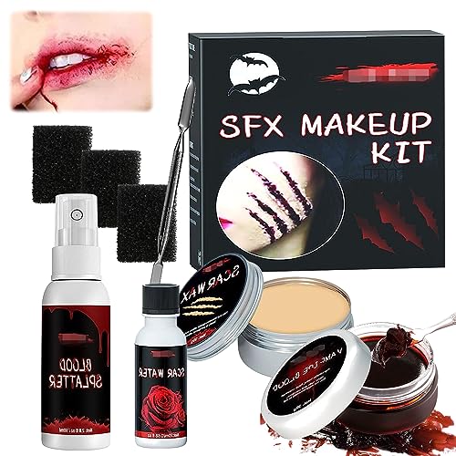 GAROMIA Halloween Kunstblut Set Schminke Makeup Spezialeffekt Hautwach Fake Blut Schwamm für Gefälscht Narben Wound Bilden Modeling Scar für Thema Party Cosplay von GAROMIA