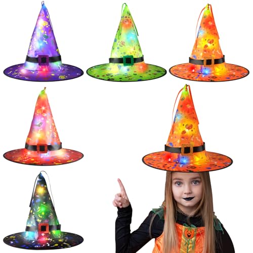 GAROMIA Hexenhut Halloween 5 Stück Hexenhut Kinder mit Licht Hängend Leuchtend hut für kinder Hexen Hüte Zauberer Hut Kinder Cosplay Witch Mütze Kostüm Verkleidung Outdoor von GAROMIA
