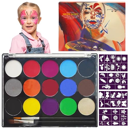 GAROMIA Kinderschminke Set 15 Farben Face Body Painting Schminkfarben Gesichtsfarbe Set Körperfarbe Kinder mit 2 Pinsel 40 Tattoos Gesichtsbemalung für Karneval Halloween Fasching Makeup von GAROMIA