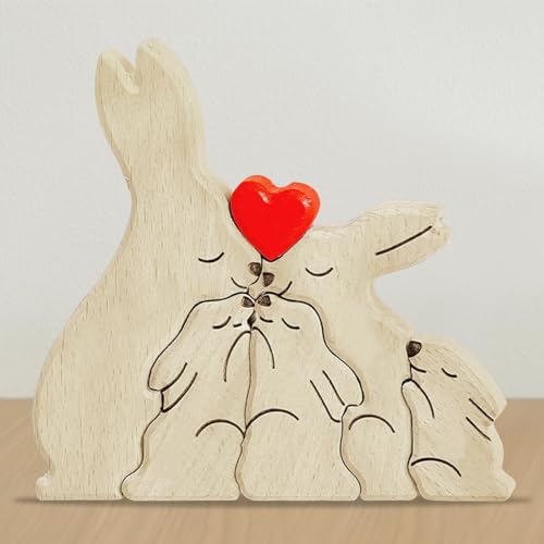 GAROMIA Personalisiertes Holzkunstpuzzle 5 Tier Skulpturen Desktop Ornament We Are One Holz Hasen-Familienfiguren Puzzle Personalisiert Familiennamen Home Tischdekoration für Jubiläum Geburtstag von GAROMIA