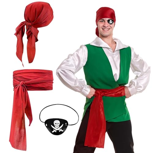 GAROMIA Piraten Kostüm Zubehör Set Piraten Schärpe Pirate Stirnband Piratenkostüm Herren Damen Piratenkapitän Augenklappe Mittelalterliche Große Schärpe Halloween Karneval-Rot von GAROMIA
