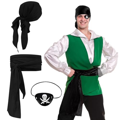 GAROMIA Piraten Kostüm Zubehör Set Piraten Schärpe Pirate Stirnband Piratenkostüm Herren Damen Piratenkapitän Augenklappe Mittelalterliche Große Schärpe Halloween Karneval-Schwarz von GAROMIA