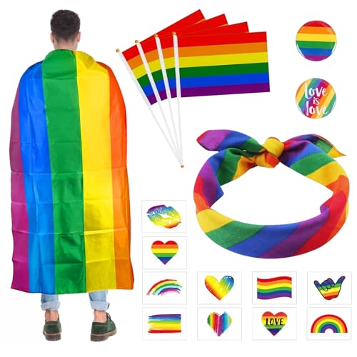 GAROMIA Pride Flag 17 Stück Pride Accessoires Set Gay Pride Party Regenbogen Umhang Stirnband LGBTQ Abzeichen Regenbogentattoo Regenbogen Flaggen für Frauen Männer Pride Party Pride Parades von GAROMIA