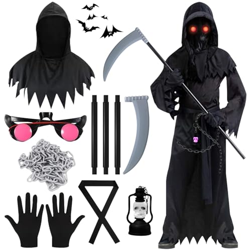 GAROMIA Sensenmann Halloween Kostüm Für Kinder Mit Sense, Brille, Geisterketten, Handschuhen - Junge Skelett Scream Horror Kostüm Für Halloween Cosplay von GAROMIA