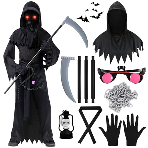 GAROMIA Sensenmann Halloween Kostüm für Kinder Mit Sense, Brille, Geisterketten, Handschuhen - Junge Skelett Scream Horror Kostüm für Cosplay - M von GAROMIA