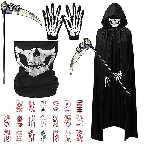 GAROMIA Sensenmann Kostüm, Halloween Kostüm Kinder Sensenmann Schwarzer Umhang mit Sense Skelett Maske Skelett Handschuhe Narben Tattoos Kostüm Gruselige Set für Kinder für Halloween Party Cosplay-170 GAROMIA Sensenmann Kostüm, Halloween Kostüm Kinder Sensenmann Schwarzer Umhang mit Sense Skelett Maske Skelett Handschuhe Narben Tattoos Kostüm Gruselige Set für Kinder für Halloween Party Cosplay-170 von GAROMIA