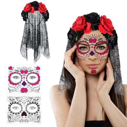 GAROMIA Tag Der Toten Haarreif mit Halloween Gesicht Tattoos Halloween Rose Floral Crown Schleier Mexikanischen Stirnband Blumen Kronen Haarreif Dia de los Muertos für Karnival Fasching GAROMIA Tag Der Toten Haarreif mit Halloween Gesicht Tattoos Halloween Rose Floral Crown Schleier Mexikanischen Stirnband Blumen Kronen Haarreif Dia de los Muertos für Karnival Fasching von GAROMIA