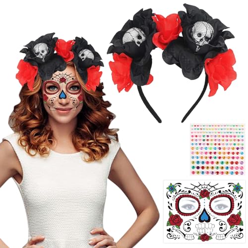GAROMIA Tag Der Toten Haarreif mit Halloween Gesicht Tattoos Rose Floral Skelett Mexikanischen Stirnband Blumen Kronen Stirnband Rosen für Karnival Fasching Halloween Kostüm Accessoires GAROMIA Tag Der Toten Haarreif mit Halloween Gesicht Tattoos Rose Floral Skelett Mexikanischen Stirnband Blumen Kronen Stirnband Rosen für Karnival Fasching Halloween Kostüm Accessoires von GAROMIA