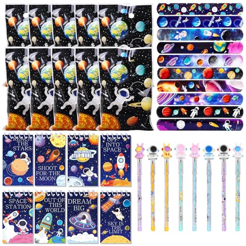 GAROMIA Weltraum Party Mitgebsel Kindergeburtstag Gastgeschenke Kinder mitbringsel kindergeburtstag mit schnapparmband Geschenktüten Notizbuch Pencils für Jungen Mädchen Geburtstagsdeko von GAROMIA