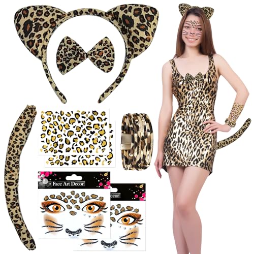 GAROMIA Leopard Kostüm Set Leoparden Kostüm Damen Leopardenmuster ohren Tierkleid leopardenkostüm Set für Dschungel Karneval Mottoparty Halloween Faschingskostüme Damen GAROMIA Leopard Kostüm Set Leoparden Kostüm Damen Leopardenmuster ohren Tierkleid leopardenkostüm Set für Dschungel Karneval Mottoparty Halloween Faschingskostüme Damen von GAROMIA