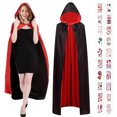 GAROMIA Halloween Kostüm Vampir, Schwarzer Halloween Kostüm mit 20 Halloween Wunden Temporäre Tattoos Teufel Kostüm Erwachsener Umhang Kapuzenumhang für Halloween Cosplay Party-140cm von GAROMIA