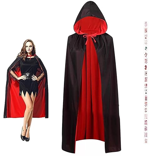 GAROMIA Halloween Kostüm Vampir, Schwarzer Halloween Kostüm mit 20 Halloween Wunden Temporäre Tattoos Teufel Kostüm Erwachsener Umhang Kapuzenumhang für Halloween Cosplay Party -120cm von GAROMIA