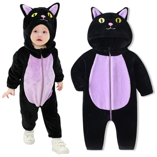 Kleinkind Katze Kostüm Baby Strampler Overall mit Kapuze Tier Schwarze Katze Fleece Kleidung für mädchen Junge Kapuzenpullover für Halloween Cosplay Kostüme karneval von GAROMIA