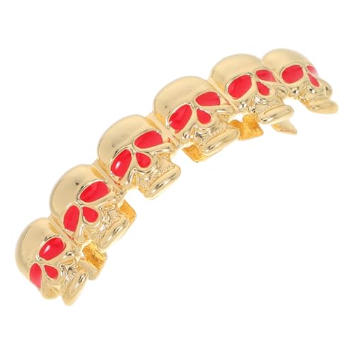 GAROZATION Goldfarbener Hip Hop Zahn Grill mit Totenkopf design Einreihig Sechs Zähne Auffälliger Fake Zahnschmuck für Männer für Halloween Cosplay und Streetstyle Accessoire von GAROZATION