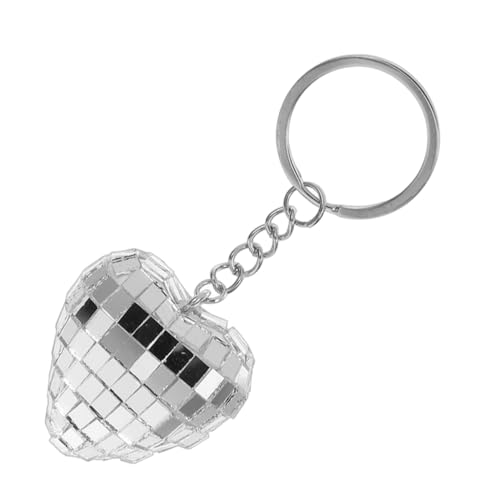GAROZATION Herzförmiger Discokugel Schlüsselanhänger Glänzend Silber Spiegelkugel Partydeko DIY Taschenanhänger Geschenk für Geburtstag Valentinstag von GAROZATION