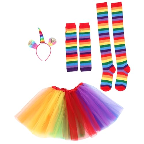 GAROZATION Regenbogen Tutu Kleid Set Für Damen Bunte Tüllrock Kombination Für Partys Karneval Und Fotografie Inklusive Handschuhe Socken Und Haarband Irideszierendes Design von GAROZATION