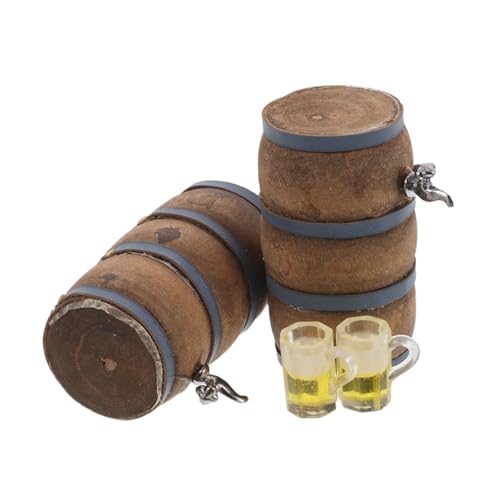 GARVALON 2 Sets Miniatur-bierfass-Figur Aus Holz, Weinfass-Modell Mit Wasserhahn Und Weinglas, Miniatur-trinkbecher Für Puppenhaus, Pub-bar-zubehör von GARVALON
